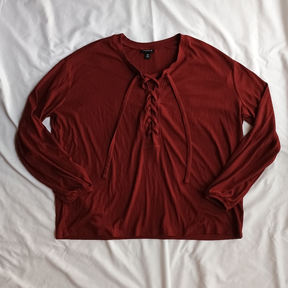 Torrid Sz 00 Lace Up Blouse Women's M/L Long Sleeve Ribbed Peasant Dark Red